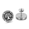 Silver tree of life stud earrings with Greek key border shown in pair on white background - Greek Key Tree of Life Style (KE62428-K)