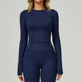 Nauwsluitende donkerblauwe yoga-top met lange mouwen en hoge taille legging met zakken - S / Nachtblauw
