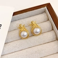 Pendiente vintage dorado con diseño de ángel y perla en joyero de terciopelo - 76# Perla Poste de Plata
