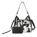 Cow print tote bag set with matching small pouch and stylish tassel details - Cow Print Black with Small Pouch Set
