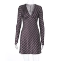 Detail of deep V-neckline and white polka dot pattern on the long-sleeved mini dress - XS / Brown
