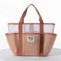Mesh beach bag in beige and brown with outer pockets for toiletries and swim gear - Brown