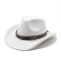 Detail of white wool cowboy hat with brown leather band and metallic ornament accents - White
