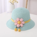 Kids mint green straw hat with large pink mesh flower and yellow ribbon decoration - Kids Size (54cm) / Hat / Mint Green