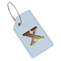Light blue PU leather luggage tag featuring a gold cutout letter X with steel wire loop - Light Blue X