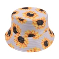 Detailed view of yellow sunflower print patterns on a grey cotton bucket sun hat - Gray