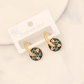 Detail of gold round earrings with black enamel pink flower and green vine charms - Black Background Pink Flower (6#)