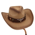 Detail of western straw cowboy hat with leather band and silver bull head ornament - Khaki Brown (Brown Bull)