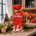 Bolsa roja navideña para botella de vino con dibujo de Papá Noel y cinta dorada - Cuatro Personajes Árbol Blanco