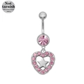 Detailed macro of 316L surgical steel belly ring with pink zircon heart and star pendant - Silver Pink Stone Heart Star Style (24080202-3)