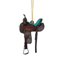 Macro detail of western saddle pendant with turquoise accents and leather embossing - Style 3 (Red Brown Carved Saddle)