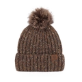 Bonnet en grosse maille marron chiné avec grand pompon en fourrure et étiquette flocon - Taille unique / café