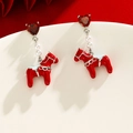 Close-up of red horse earrings with heart gemstone and white pearl details on display - 70# Red Heart Gemstone Pearl Horse Dangle Earrings (Pair)