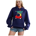 Navy blue fleece Christmas hoodie with Santa truck graphic and drawstring hood - S / Tops / Navy Blue-Red Car Christmas Tree