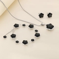 Detailed set of silver stainless steel jewelry with black clover charms and sleek chains - Short Stud 3-Piece Set / Silver