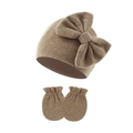 Brown newborn baby knit hat with large bow and matching anti-scratch mittens set - Dark Khaki