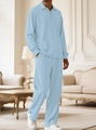 Detail shot of light blue polo set featuring unique knit waffle texture and long sleeves - S / Light Blue