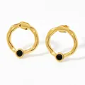 Textured gold-plated hoop earrings with hammered finish and black zircon stone - Gold Black Zirconia Style (KDE760)