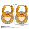 Gold stainless steel double hoop earrings with pavé rhinestones in a hollow geometric design - EH538 Double Ring Nested Rhinestone Style / Gold