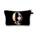 Polyester dumpling makeup bag in black featuring floral print and golden letter Q - Letter Q