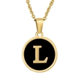 Collier doré 18 carats avec pendentif rond, émail noir et lettre L de style chic - Initiale L