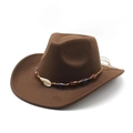 Classic brown felt western cowboy hat with bohemian beaded band and shell accents - M (56-58cm) / Coffee