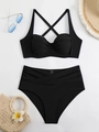Detalle de braga de bikini de talle alto con diseño cruzado fruncido y top negro - S / Negro