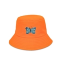 Close-up of orange bucket hat featuring blue butterfly embroidery and stitched brim - M (56-58cm) / Orange