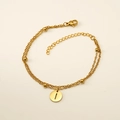 Bracelet double rang en acier inoxydable doré avec un pendentif rond lettre I gravée - Lettre I (S-H202-I)