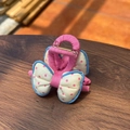 Pink fabric hair claw clip featuring cream polka dot bows and blue edge stitching - Pale Yellow Pink Polka Dot Bow Claw Clip with Blue Trim