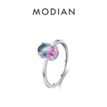 Minimalist S925 sterling silver ring with oval gradient tourmaline gemstone on white back - US Size 5
