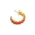 Detailed close-up of C-shaped gold-plated earrings with square red zircon stones - Gold Rose Red Zirconia (Single)