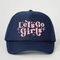 Detailed view of the mesh trucker hat featuring pink Let's Go Girls text and stars - One Size / Navy Blue