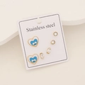Detail of stainless steel earrings set featuring evil eye hearts and cubic zirconia studs - Heart & Rectangle Zircon Style (3#)