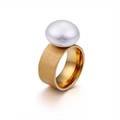 Gold wide band stainless steel ring with white pearl and brushed metal finish - Matte Gold 10mm Wide (KR45438-K)
