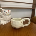 Irregular handmade ceramic coffee mug with pink and brown heart patterns and curly handle - Matte Heart Single Mug / Single Cup