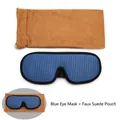 Blue 3D breathable sleep mask set with a brown suede storage pouch and metal chain - Mask + Suede Pouch / Blue