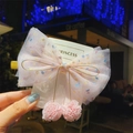 Barrette à nœud rose en tulle avec pois colorés et petites boules en peluche - Blanc Cassé