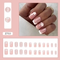Pink French press-on nails with 3D white flowers, silver glitter, and pearl accents - Z753 Sweet Floral