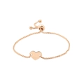 Close-up of rose gold box chain bracelet featuring a heart charm and adjustable slider clasp - Rose Gold (MP259)