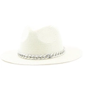 Close-up of beige straw jazz hat featuring a decorative chunky silver metal chain link - Cream