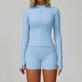 Slim fit light blue yoga set with long sleeve zipper top and high waist sports shorts - S / Sky Blue