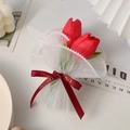 Mini artificial red tulip bouquet wrapped in white mesh with elegant pearls and red ribbon - PU / Red Tulip