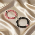 Magnetic couple beaded bracelet set in pink and matte black stones on champagne silk - Pink Quartz Style & Black Matte - Magnetic Heart Bell