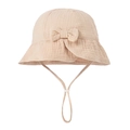 Detailed close-up of pink baby sun hat showing muslin fabric texture and adjustable strap - Khaki