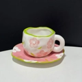 Irregular handmade ceramic coffee cup and saucer with hand-painted pink tulips - 250ML / Pink Flower with Green Edge