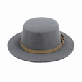 Close-up of the grey wool felt boater hat with a brown leather band and gold metal buckle - Adult 58cm One Size / Gray