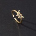 Detail of a golden open ring featuring a colorful butterfly set with vibrant zircons - Style G-Gold Multi-color Stone Butterfly