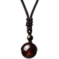 Red tiger eye stone beaded necklace with brown braided rope and spherical pendant - Red Tiger Eye