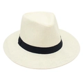Detail of breathable cream straw hat with a black grosgrain ribbon and classic fedora crown - Cream